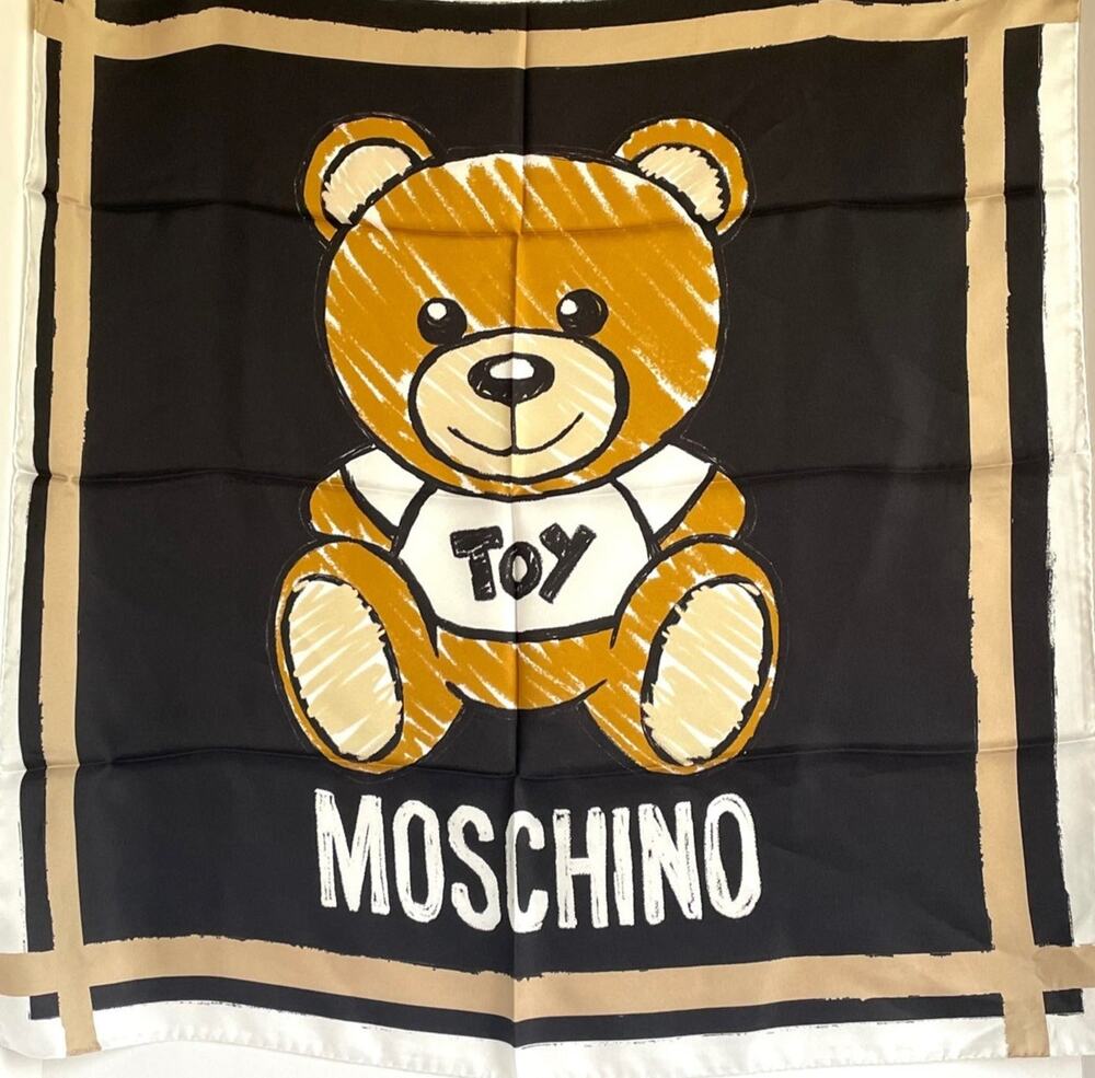 Moschino Teddy Bear Black Silk Square Scarf 26x26